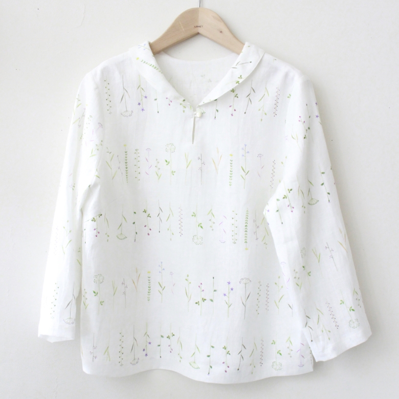 LINNETリネンプリント 花ボーダー1枚の葉は